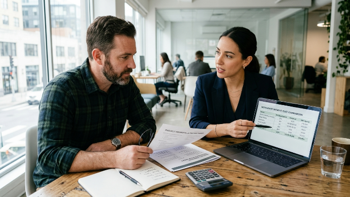 Restaurant owner reviewing website cost comparison with web designer