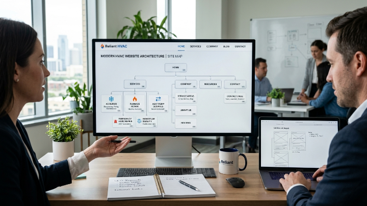 HVAC company website architecture diagram showing service page hierarchy and navigation structure