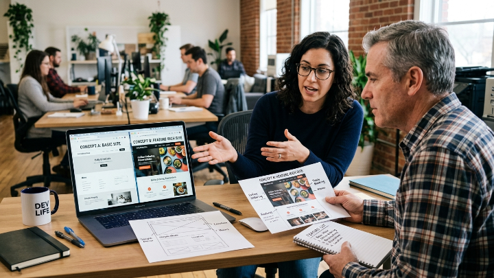 Comparison of simple and advanced restaurant website complexity and features