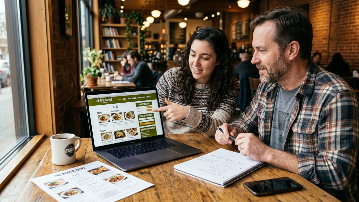 Restaurant website features being reviewed including menu, ordering, and reservations
