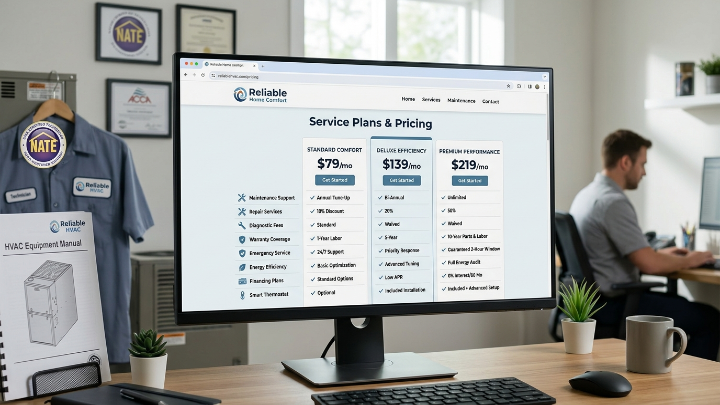 HVAC website pricing comparison table with service package options and features