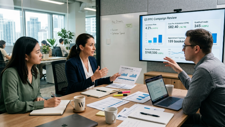 PPC performance dashboard showing conversion rate, lead tracking, and campaign results
