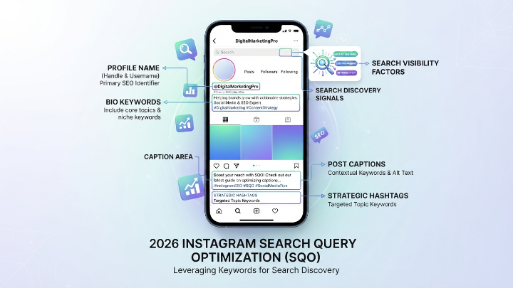 Instagram search query optimization showing profile elements, keywords, captions, and discovery signals