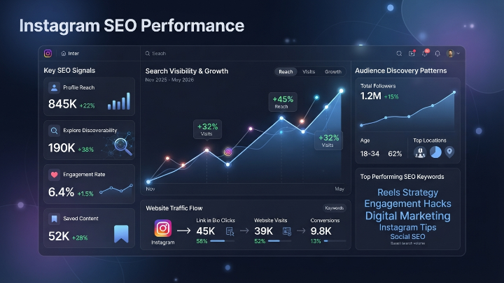Instagram SEO analytics dashboard showing search performance, engagement, and traffic metrics