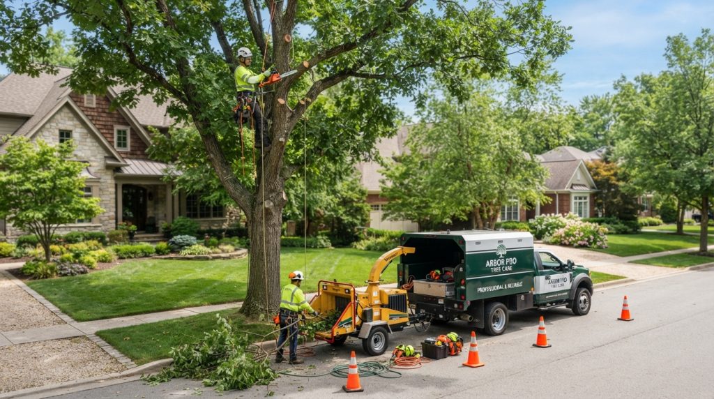 Professional tree care crew providing tree trimming services in a neighborhood