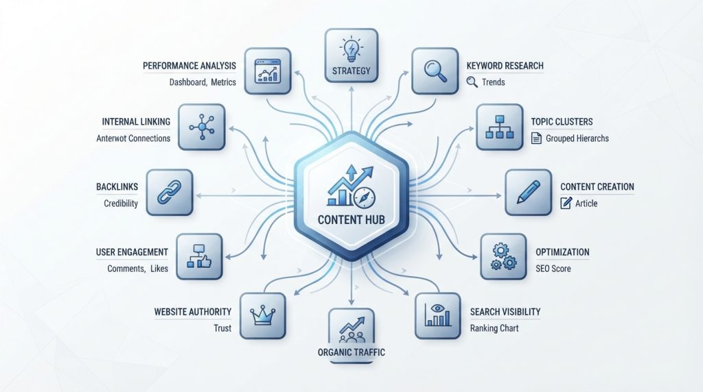 SEO topic cluster infographic showing pillar page structure