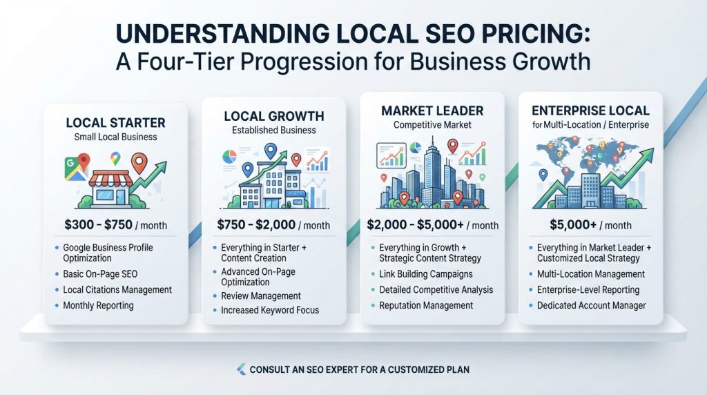 Local SEO pricing comparison by monthly service level