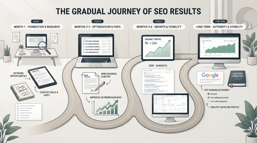 SEO results timeline from first month to long term