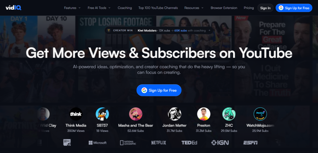 vidIQ YouTube analytics and SEO dashboard