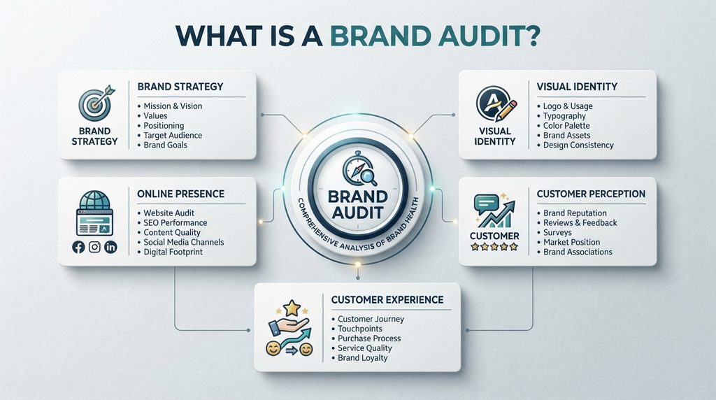 Brand audit infographic showing five key brand areas